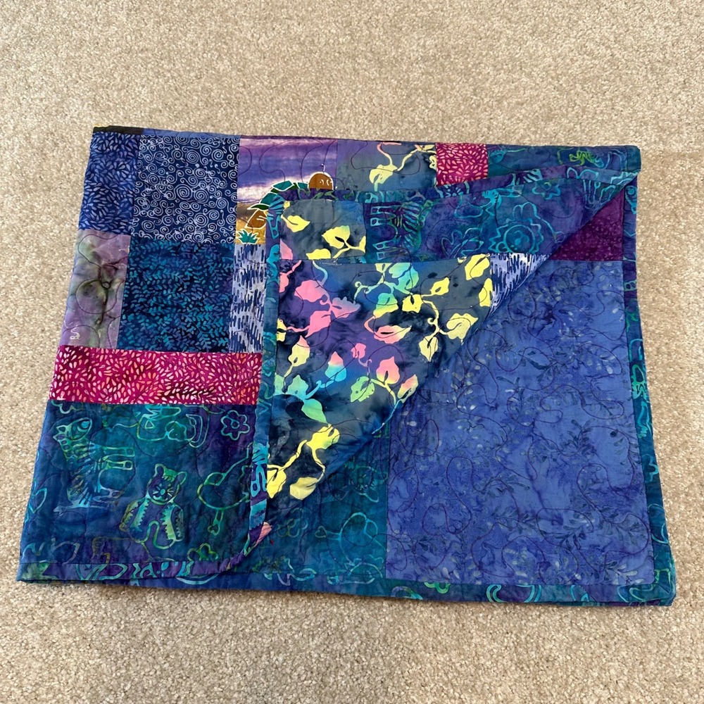 Handmade‎ Batik Animal Patchwork Quilt Blue Purple Pink Nursery Throw Blanket